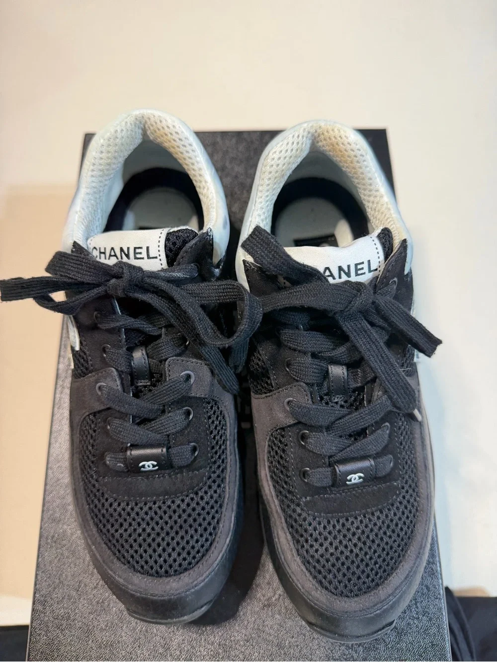 CHANEL Black Mesh & Leather Low-Top Sneakers